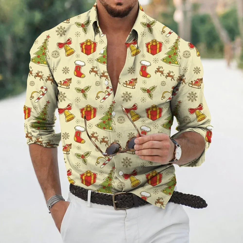 Camisa Social Masculina Manga Longa com Estampa Natalina Qualidade Premium