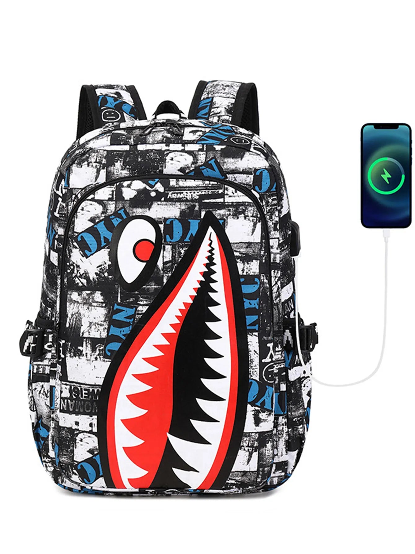 Mochila Escolar Para Meninos Tubarão com Porta de Carregamento USB - MCH111