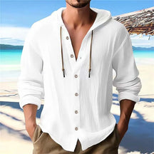 Camisa Masculina de Linho com Capuz Estilo Praiano