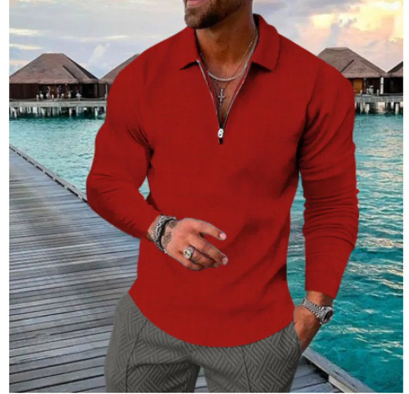 Camisa de Linho Masculina Manga Longa Gola Com Zíper Moda Casual De Luxo