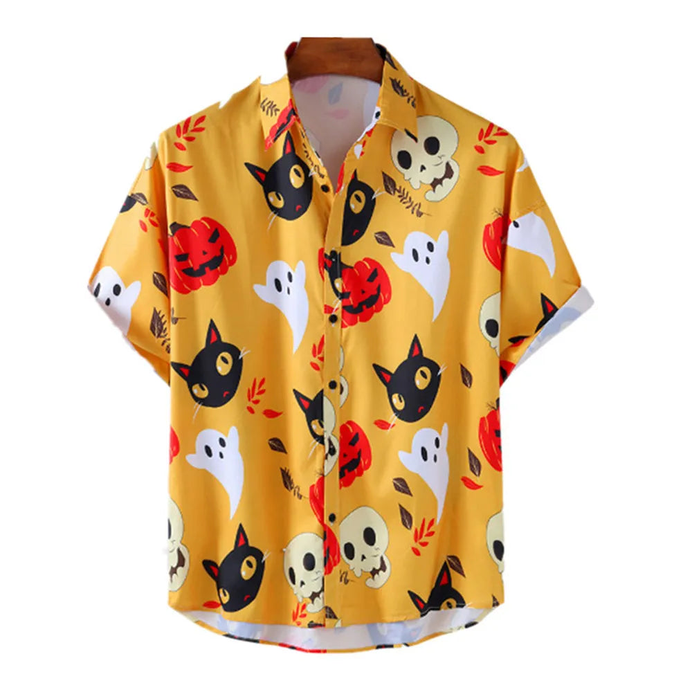 Camisa Masculina Manga Curta Havaiana Gatinhos Fantasmas