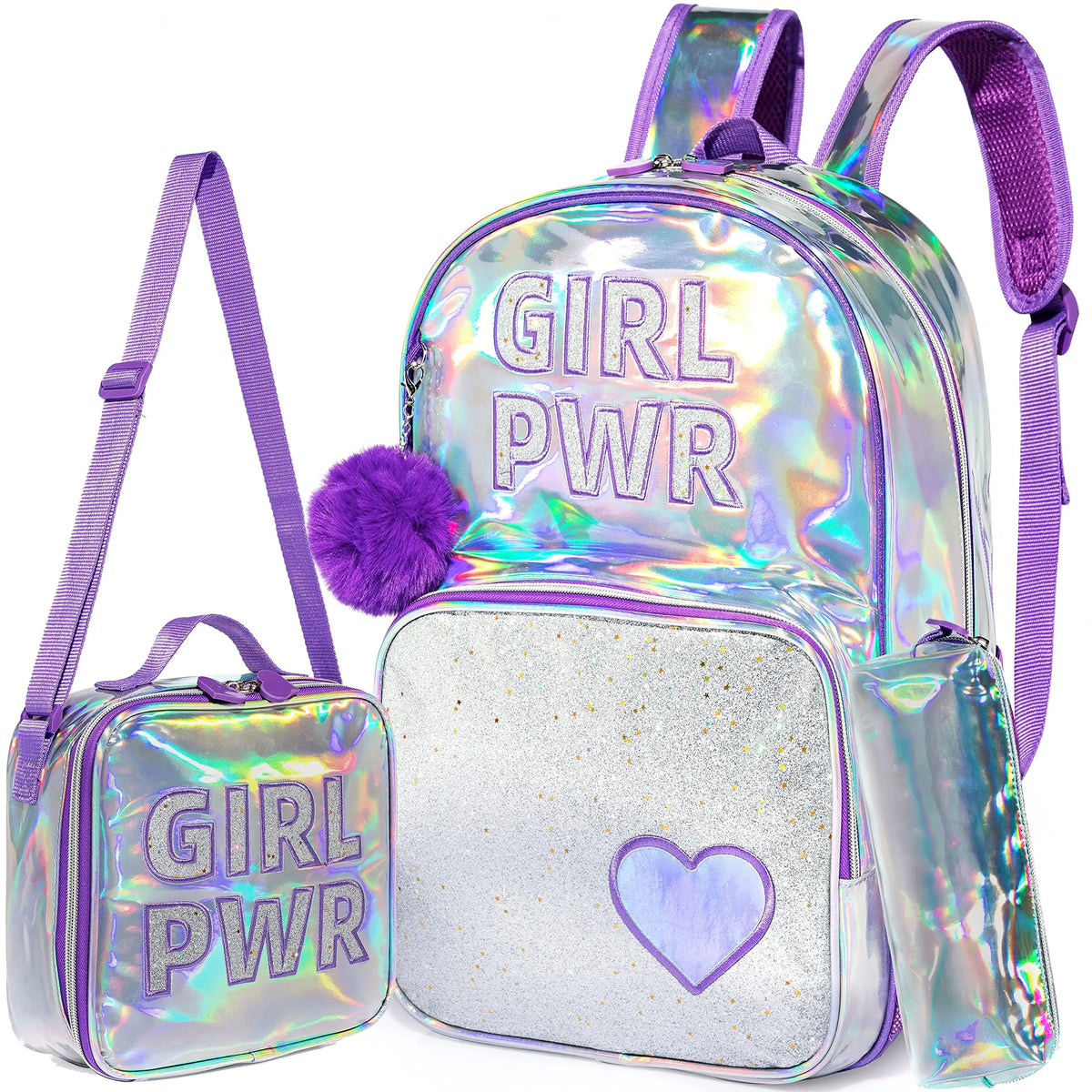 Conjunto Escolar 4 Peças para Meninas: Mochila, Lancheira, Estojo e Pingente