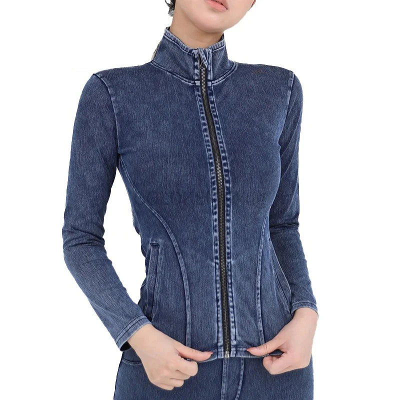 Jaqueta feminina Com Zíper Completo Casaco Jeans De Elástico Para Treino