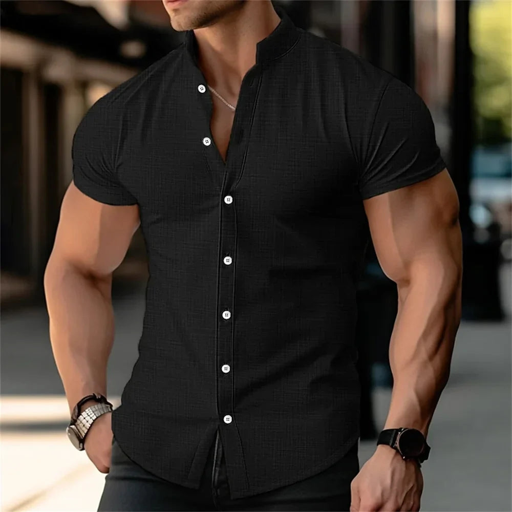 Camisa Masculina de Linho Manga Curta Monocromática Moda Verão