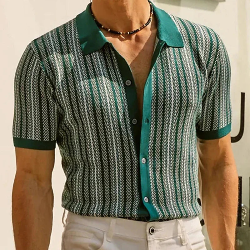 Camisa Masculina Polo de Manga Curta com Botões Malha Luxuosa Estilo Vintage