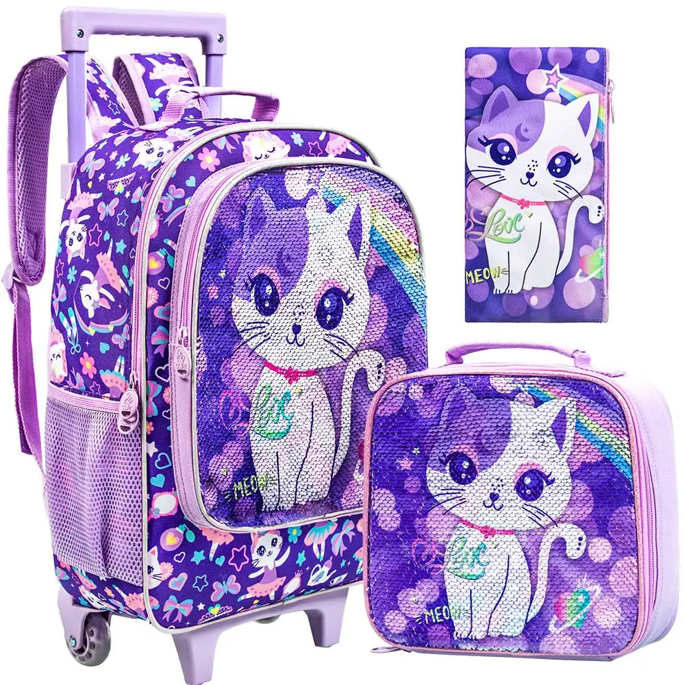 Kit Escolar 3 Peças de Gato Fofo para Meninas: Mochila de Rodinhas, Lancheira e Estojo - Promoção de Inverno Julho