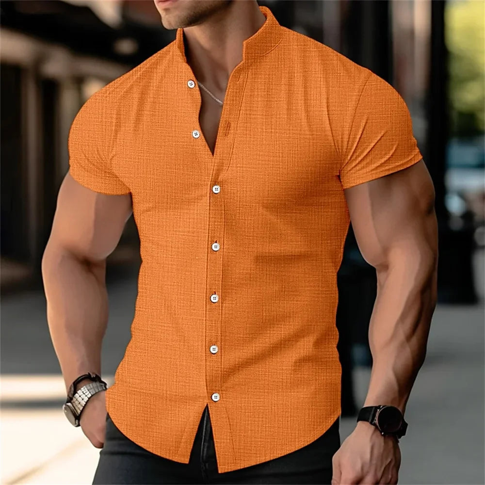 Camisa Masculina de Linho Manga Curta Monocromática Moda Verão