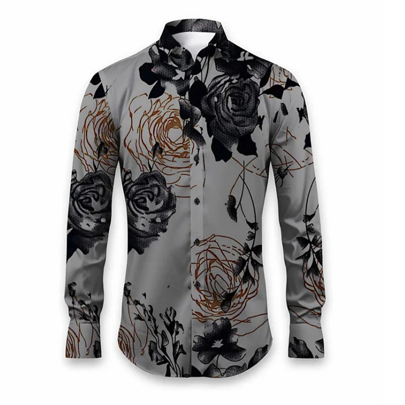 Camisa Masculina Social Estampa Floral  Manga Longa Com Botões Moda - Elegante para Festa