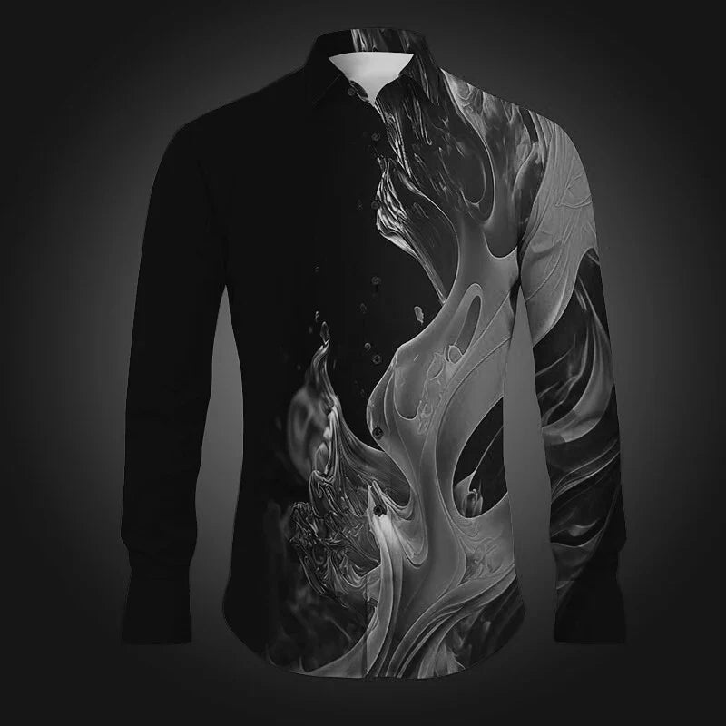 Camisa Masculina Manga Longa Com Estampa de Chamas 3D Exótica