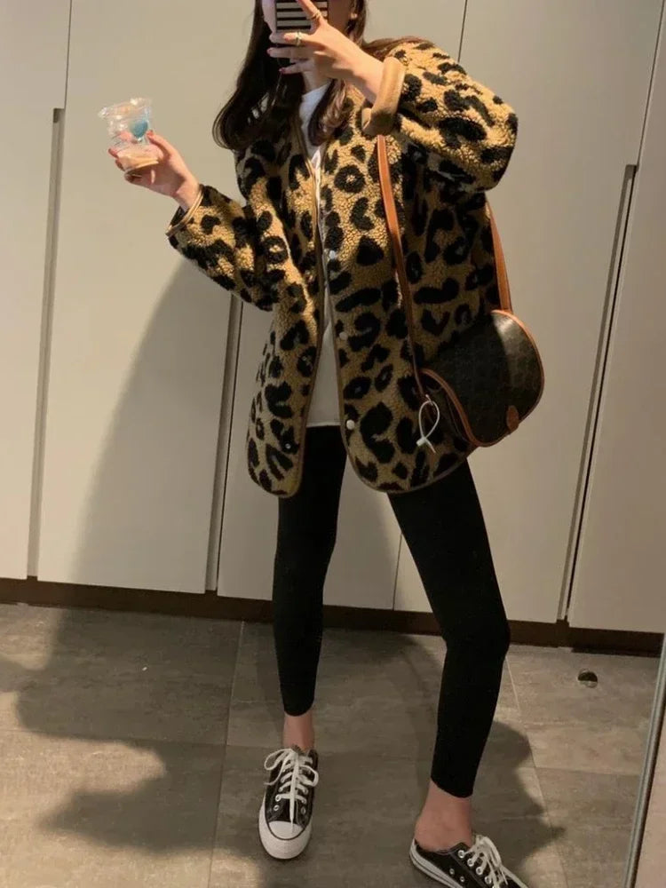 Jaqueta feminina De Lã Grosso Animal Print Casaco De Pele