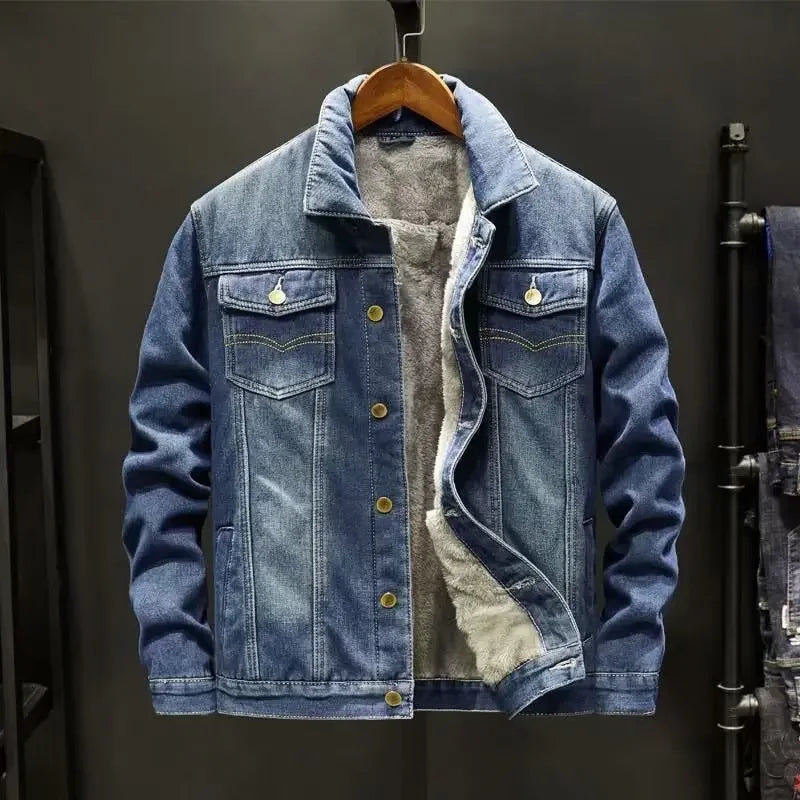 Jaqueta Jeans Masculina Forro De Lã Grosso Botões De Metal Moda Inverno