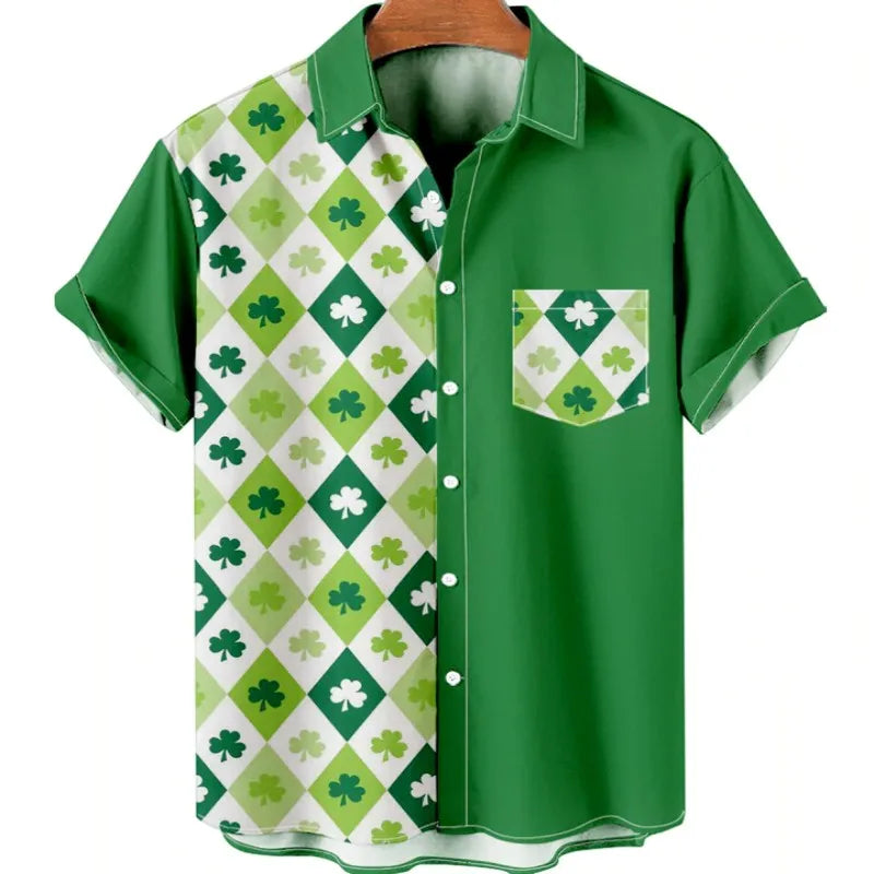 Camisa Havaiana Masculina Estampa De Trevo Camisa De Botões E Bolso Único