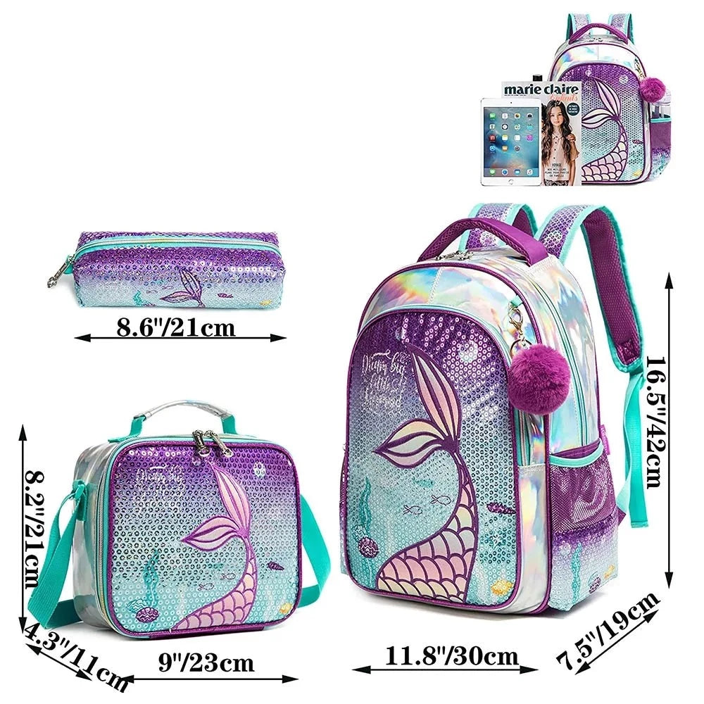 KIT Mochila Escolar Feminina Pequena Sereia com Lancheira e Estojo