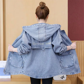 Jaqueta Jeans Feminina Com Capuz E Bolsos Cargo Casaco Estilo Parka Punhos De Elástico