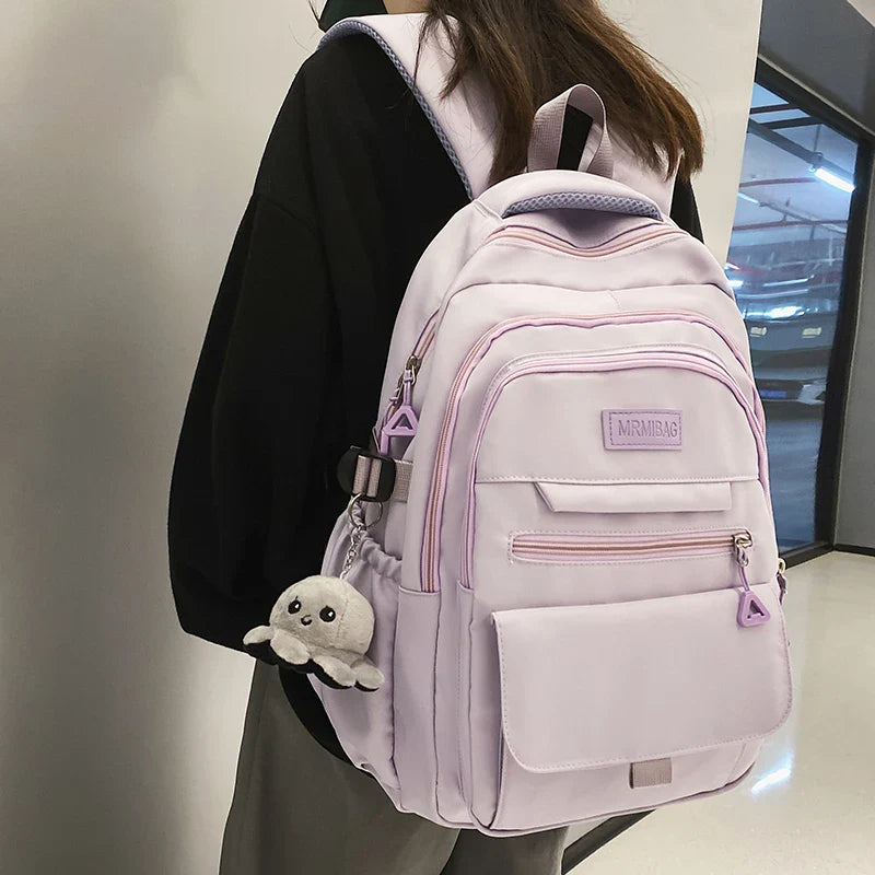 Mochila Escolar Feminina De Grande Capacidade Com Chaveiro  Com Compartimentos