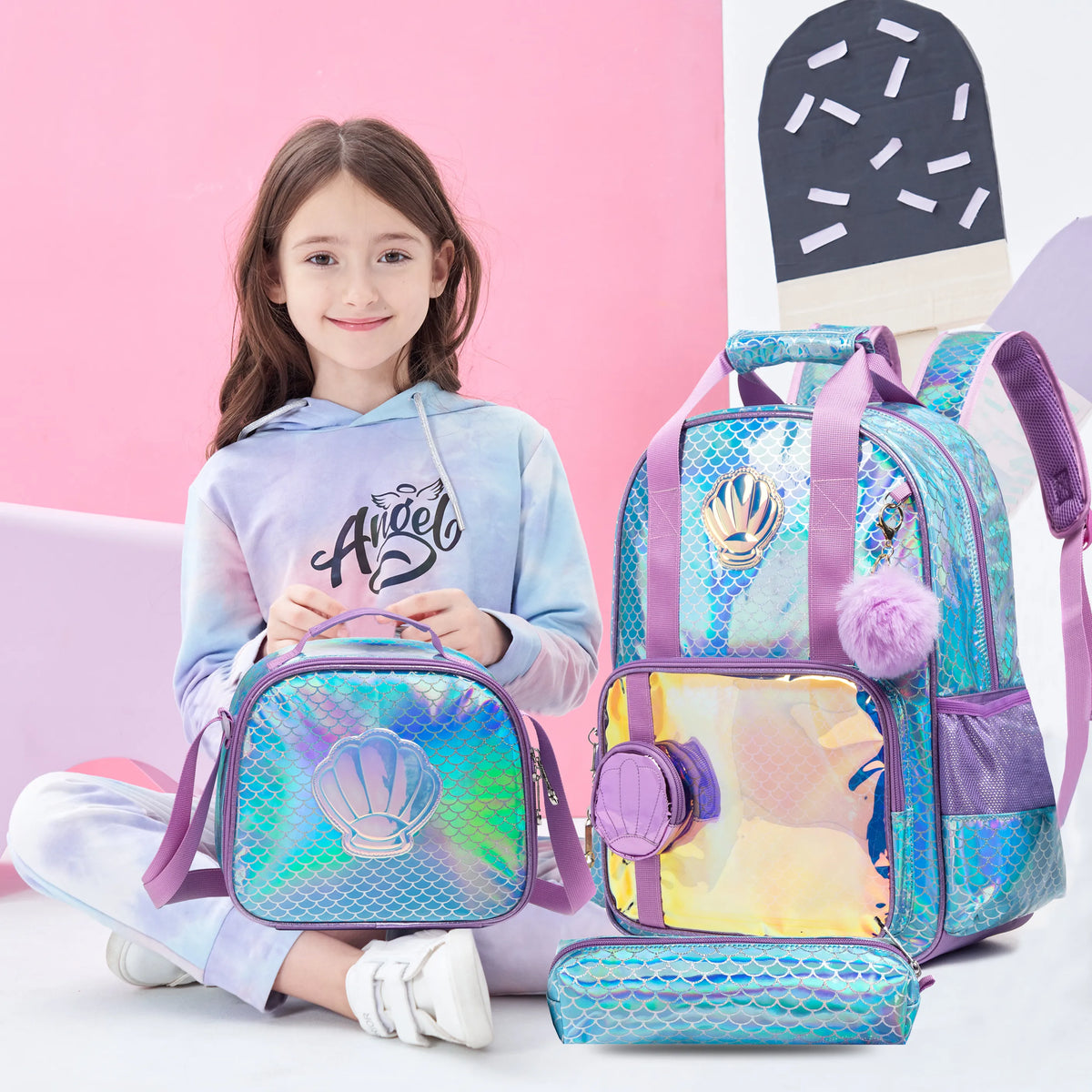 Kit Escolar 4 em 1 com Mochila, Lancheira, Estojo e Pingente para Meninas