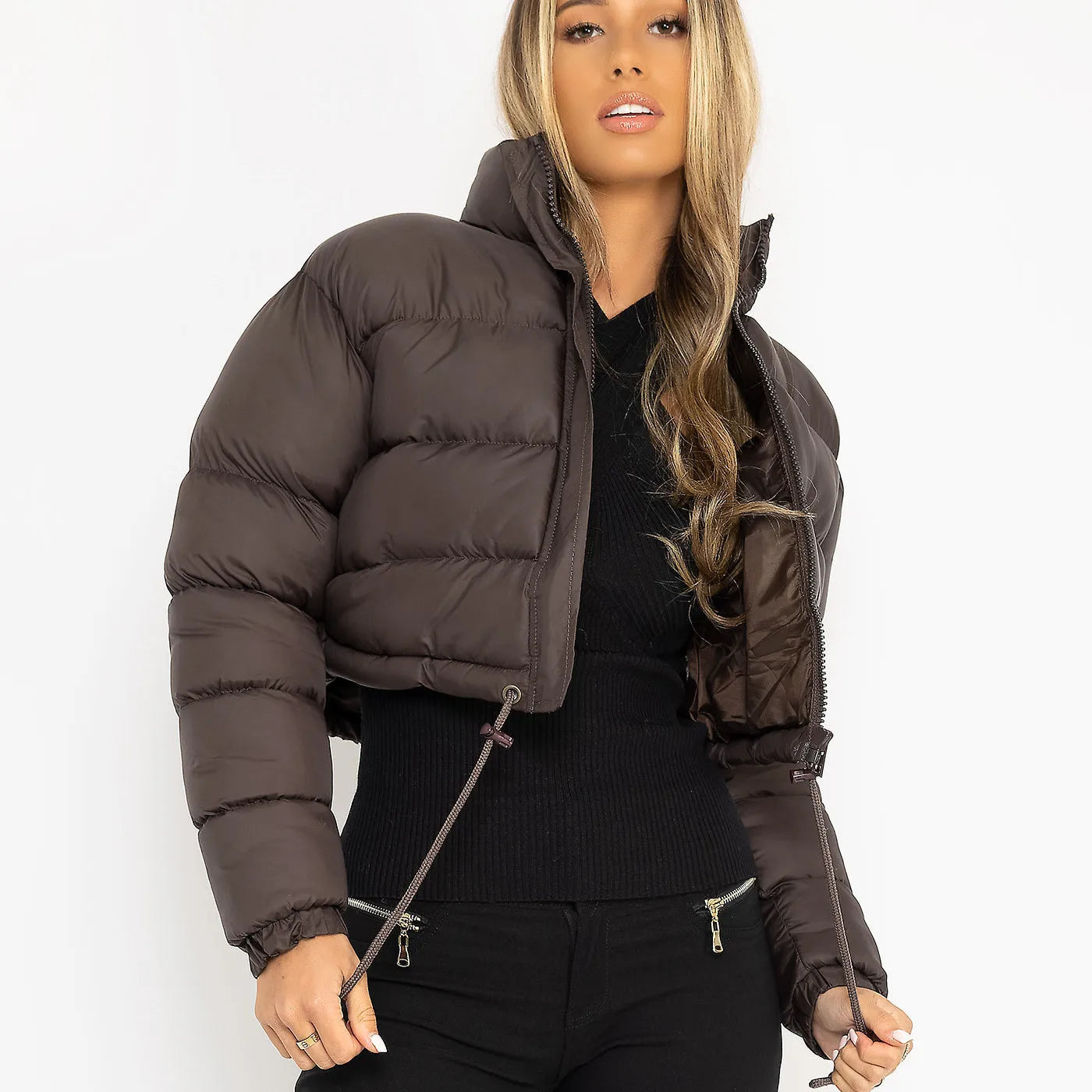 Jaqueta Puffer Feminina Parka Curta Ajustável Acolchoada Com Zíper Gola Alta - Promoção de Dezembro