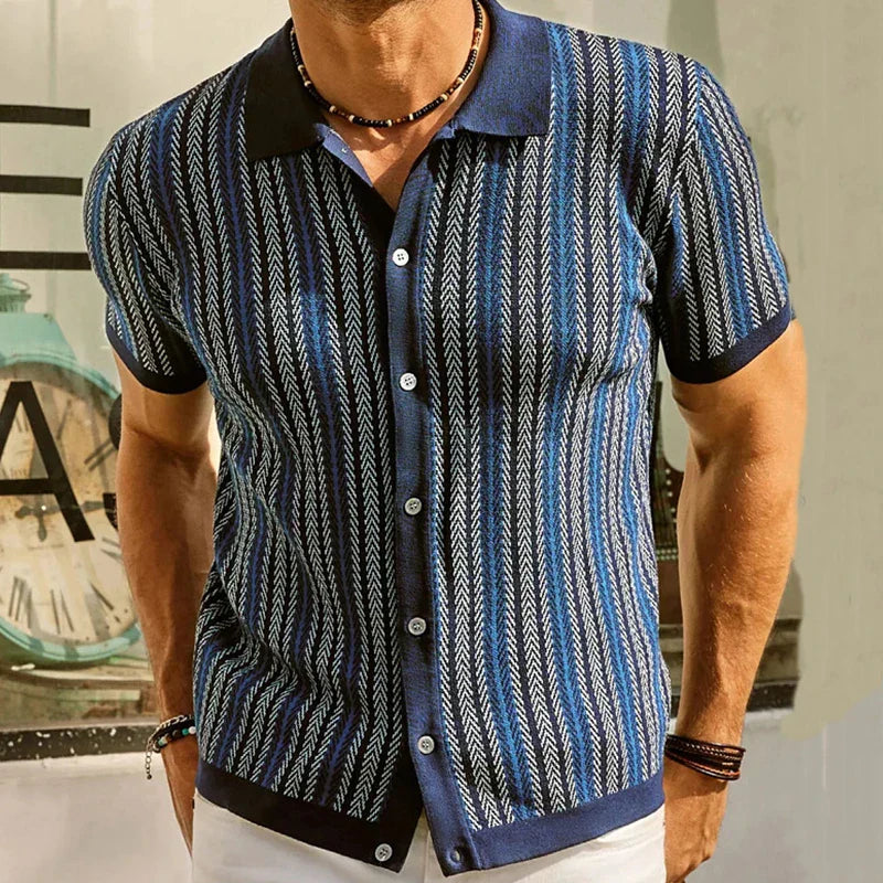 Camisa Masculina Polo de Manga Curta com Botões Malha Luxuosa Estilo Vintage