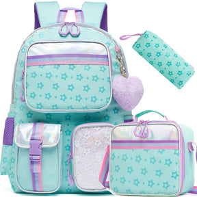 Conjunto Escolar Estrelado com 3 Peças para Meninas: Mochila, Lancheira e Estojo