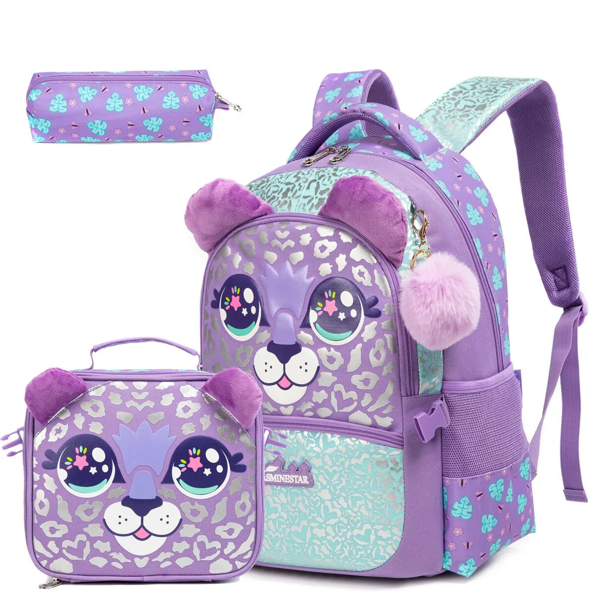 Kit Escolar 4 Peças pra Meninas: Mochila, Lancheira, Estojo e Chaveirinho de Brinde