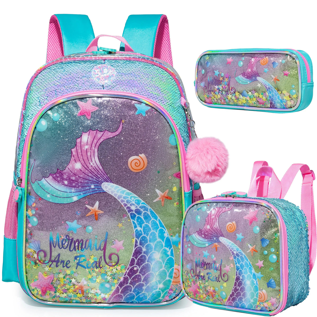 Kit Escolar 4 Peças pra Meninas: Mochila, Lancheira, Estojo e Chaveirinho Pompom