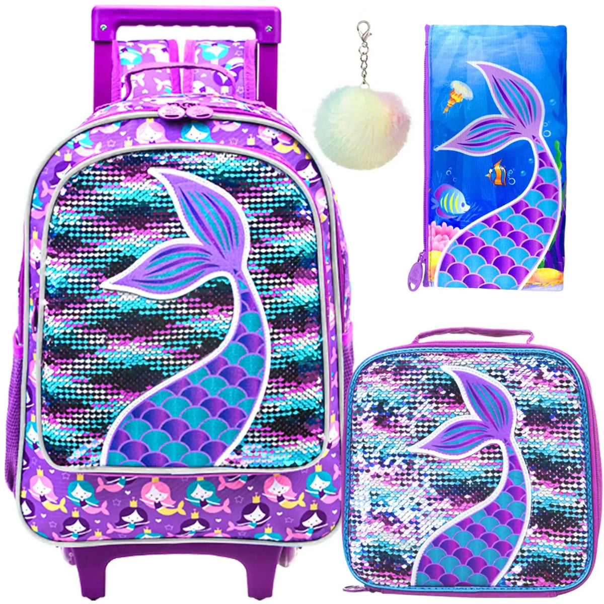 Kit Mochila Infantil Feminina Lancheira e Estojo Modelo Sereia