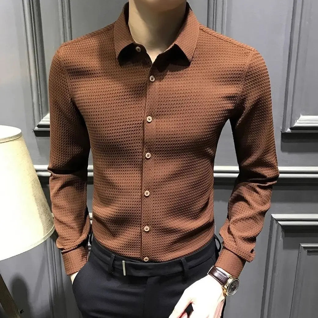 Camisa Social Masculina Manga Longa Malha Texturizada Com Botões