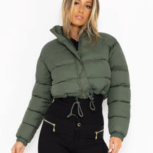 Jaqueta Puffer Feminina Parka Curta Ajustável Acolchoada Com Zíper Gola Alta - Promoção de Dezembro