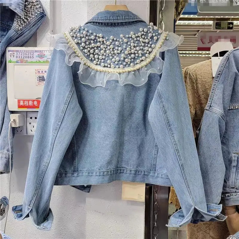 Jaqueta Jeans Feminina Com Babados De Tule Bordado De Pérolas Moda Casual