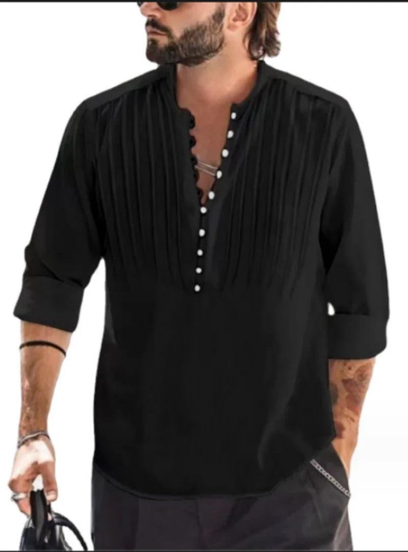 Camisa Casual Masculina de Linho Mangas Compridas Gola redonda Com Abotoação Tendência