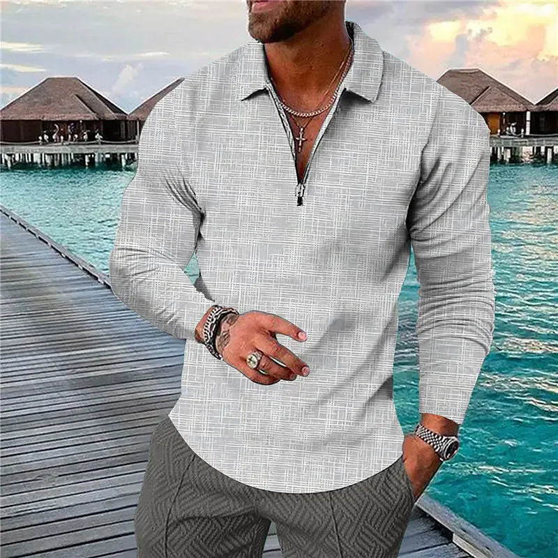 Camisa de Linho Masculina Manga Longa Gola Com Zíper Moda Casual De Luxo