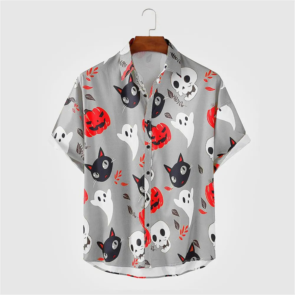 Camisa Masculina Manga Curta Havaiana Gatinhos Fantasmas