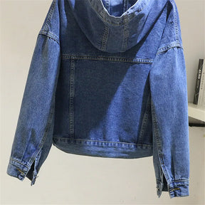 Jaqueta Jeans Feminina Com Capuz Ajustável Casaco Tendência Inverno