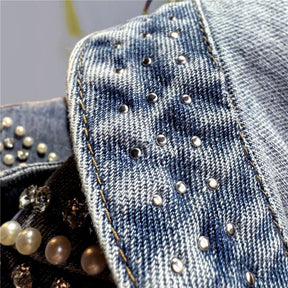 Jaqueta Jeans Feminina Curta Cravejada Com Strass Tendência Moda Casual