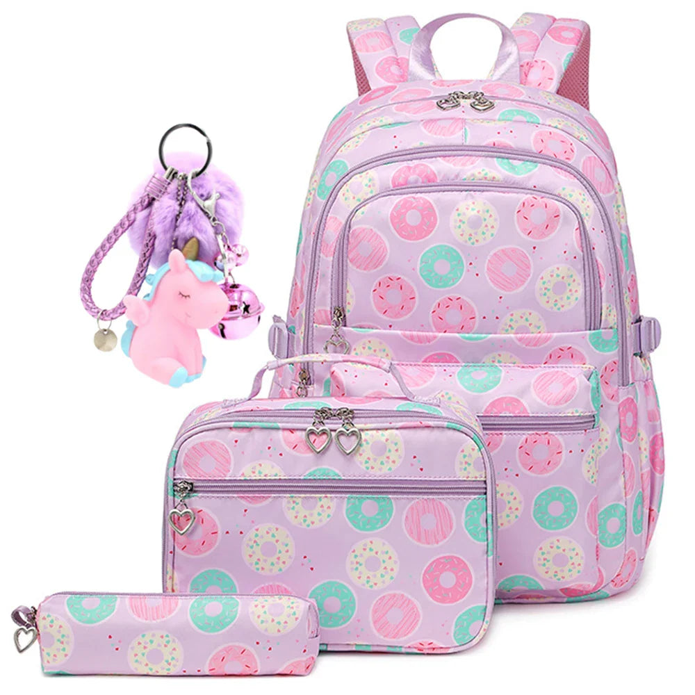 Kit Escolar 4 Peças para Meninas: Mochila, Lancheira, Estojo e Chaveiro de Brinde