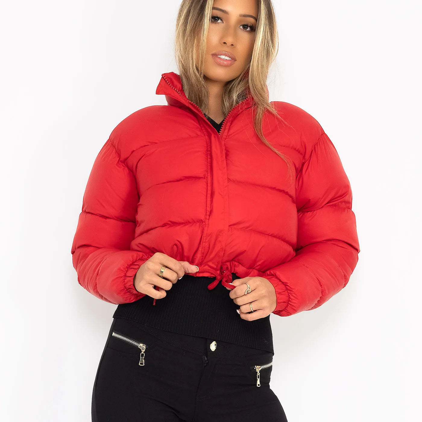 Jaqueta Puffer Feminina Parka Curta Ajustável Acolchoada Com Zíper Gola Alta - Promoção de Dezembro