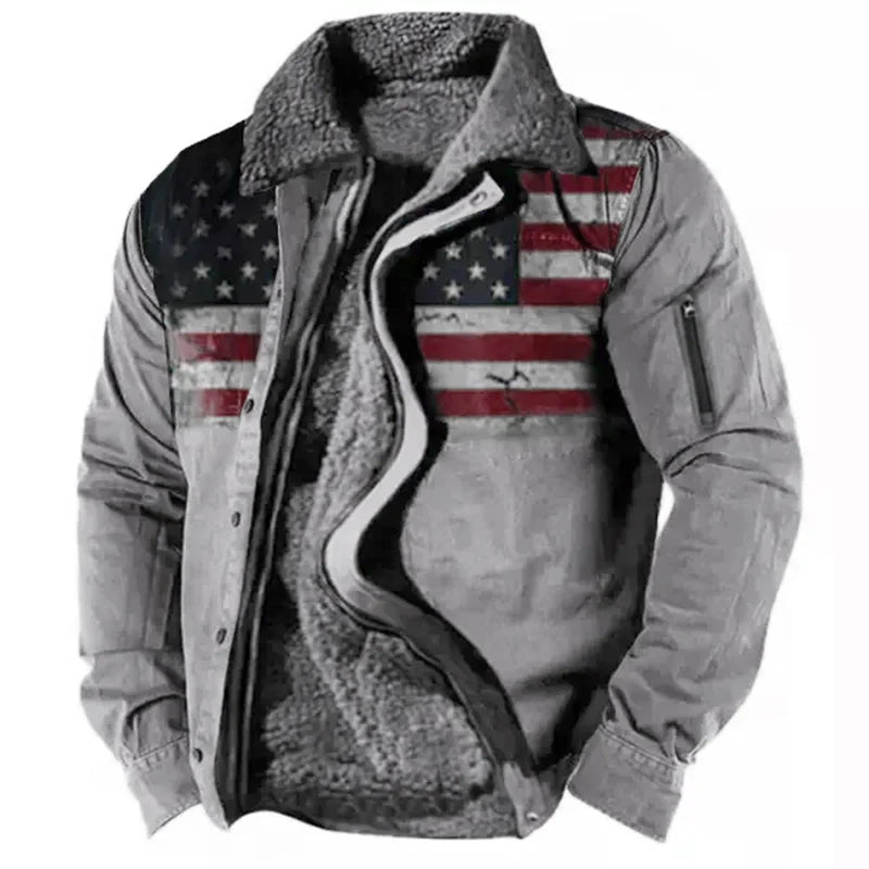 Jaqueta Masculina Casual  De Lã Com Ziper Bandeira Americana Inverno