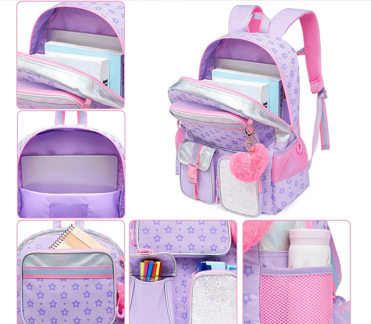 Conjunto Escolar Estrelado com 3 Peças para Meninas: Mochila, Lancheira e Estojo