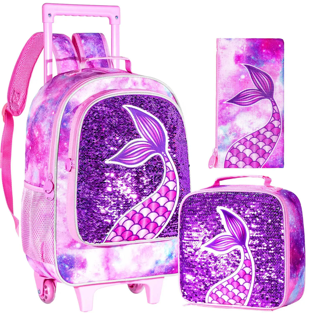 Kit Escolar 3 Peças Calda de Sereia para Meninas: Mochila com Rodinhas, Lancheira e Estojo - Promoção de Inverno Julho