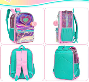 Kit Mochila Escolar Feminina Com Glliter Estampa Coração Conjunto Completo