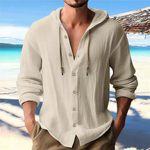 Camisa Masculina de Linho com Capuz Estilo Praiano