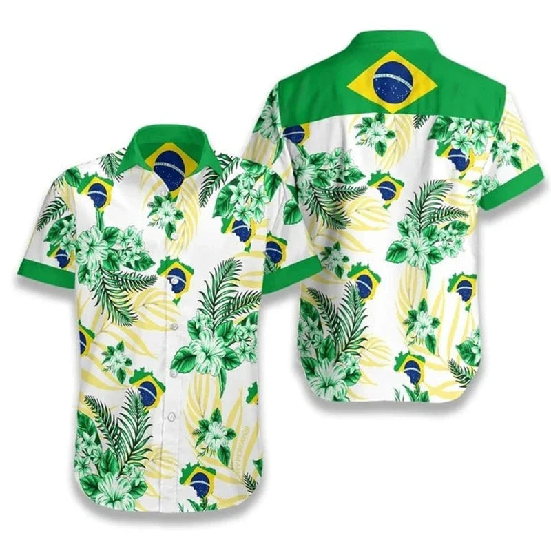 Camisa Casual Masculina Com Estampa Bandeira do Brasil Moda Havaiana