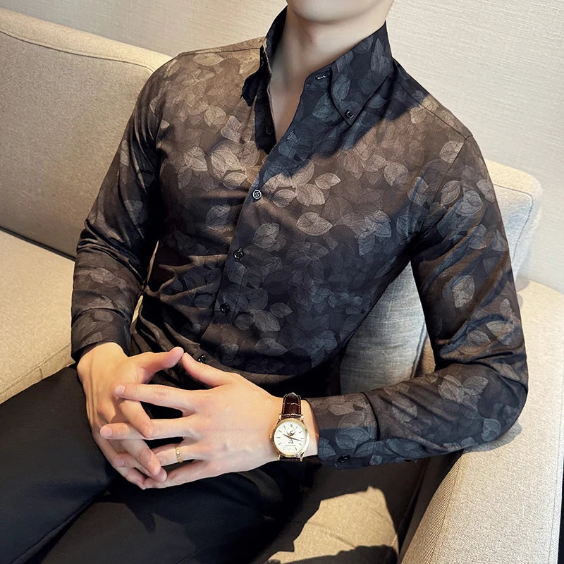 Camisa Masculina Estilo Britânico Slim Fit Manga Longa Estampa de Folhagens Moda Social