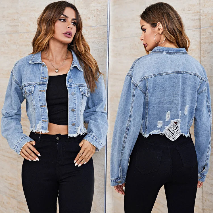 Jaqueta Jeans Feminina Curta Detalhes Rasgado