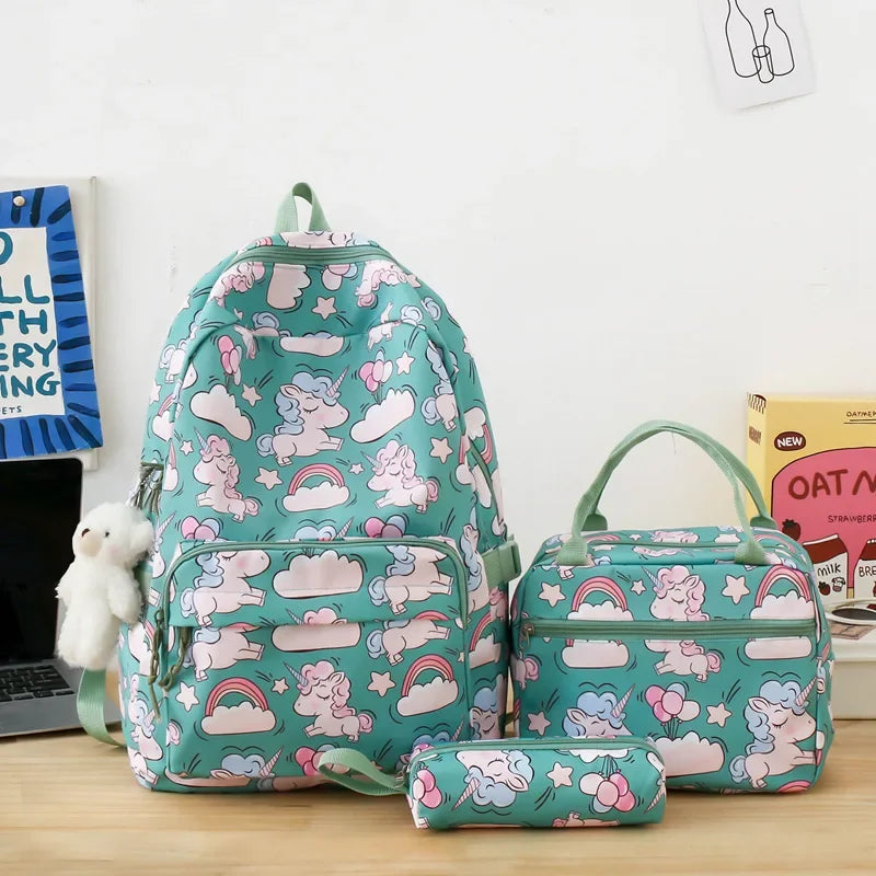 Kit Mochila Escolar Feminina Unicórnio Impermeável Com Compartimentos