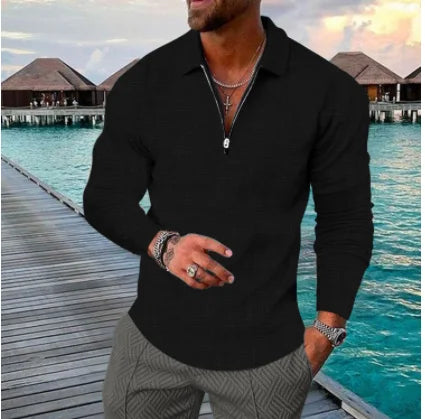 Camisa de Linho Masculina Manga Longa Gola Com Zíper Moda Casual De Luxo