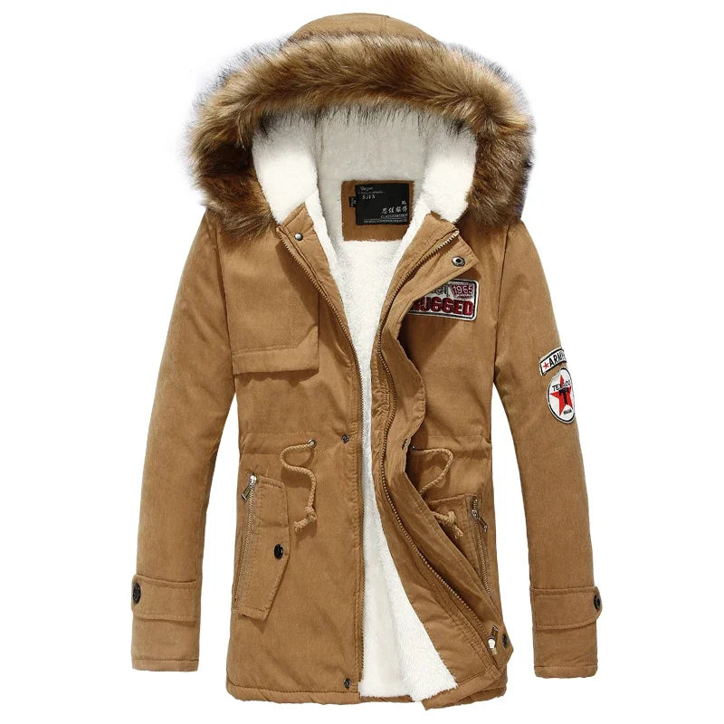 Jaqueta Masculina Com Capuz De Lã Com Zíper Parka Longa Moda Inverno