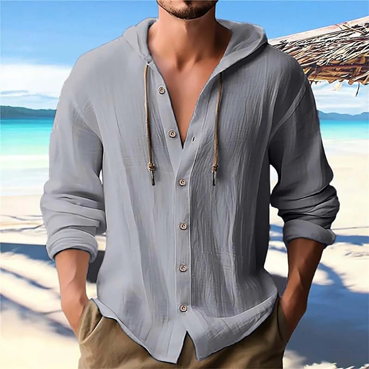 Camisa Masculina de Linho com Capuz Estilo Praiano