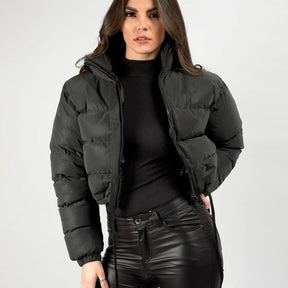 Jaqueta Puffer Feminina Parka Curta Ajustável Acolchoada Com Zíper Gola Alta - Promoção de Dezembro