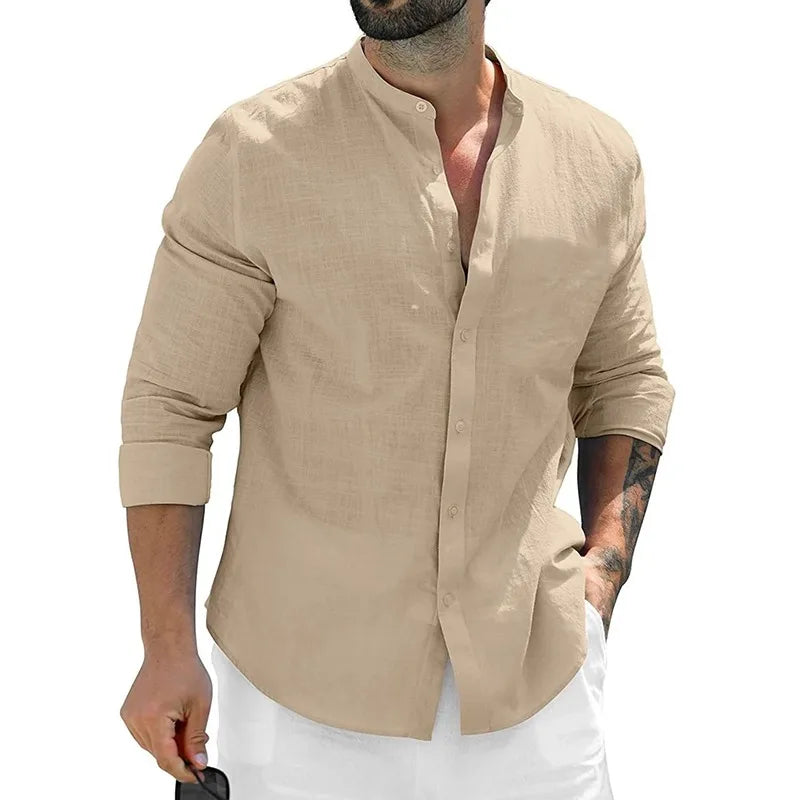 Camisa Masculina de Linho Abotoada Manga Longa Malibu